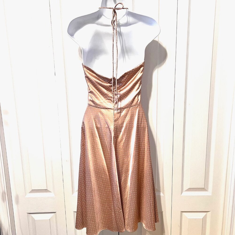 Alyn Paige-Women's Size 5/6 Jrs.-Halter Polka Dot Flowy Satin Feel Dress-Tan/Wh - Picture 8 of 15